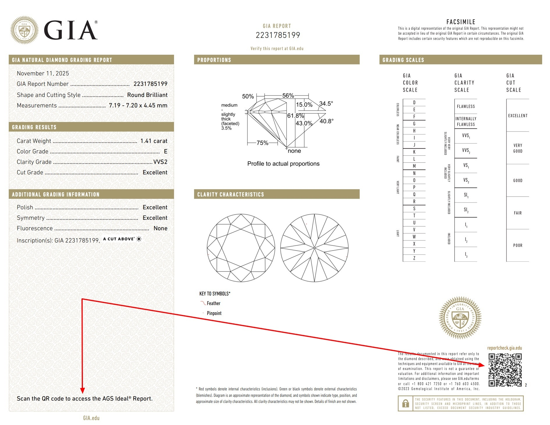 GIA natural diamond grading report facsimile showing grading details, proportions diagram, and clarity plot, with a red arrow pointing to the QR code area indicating where to scan to access the AGS Ideal Report if available.